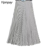 Yipinpay Elegant Geometric Print Skirt Sets 2023 Vintage Soft Long Sleeve Blouse Female Casual Folds Skirt With Belt Lady Suit
