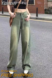 Yipinpay Green Baggy Jeans For Women American Fashion Y2k Streetwear Straight High Waist Slimming Loose Wide Leg Mop Pants