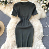 Yipinpay Women Korean Elegant Knitted Dress Short Sleeve O-neck Mini Dress Solid Elastic Slim Casual Summer Pencil Dress