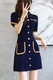Yipinpay Pocket Button Knit Dress Mini A Line Femme Robe 2023 Summer French Elegant Retro Slim Elegant Casual Short Sleeve Vestidos