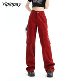 Yipinpay Multi Bag Casual Wide Leg Cargo Pants Loose Red Jeans Woman