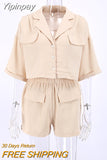 Yipinpay Office Ladies Crepe Two Pieces Shorts Suits Notched Half Sleeves Shirts And Elastic Shorts Cotton Sets Summer 2023
