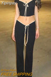 Yipinpay MO Female Summer Square Neck Bandage Crop Top And Flare Pants Skinny Set Women High Waist Pants Outfits Two Piece Sets