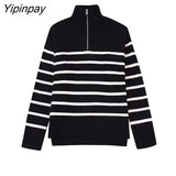 Yipinpay Women Zipper Collar Sweater 2023 Winter Fashion Striped Loose Knitting Sweaters Vintage Long Sleeve Female Pullover Tops