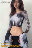 yipinpay T-Shirt Mesh Top Sexy Print Crop Top Party Club Outfits Transparent Tops Streetwear Clothes Long Sleeve Tee Women