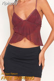 Yipinpay Mesh V Neck Women Camis Ruffled Sexy Backless Crop Tops Blue Burgundy See Through Summer Sleeveless Top Y2K