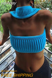 yipinpay Knitted Summer Basic Shirts Crop Tops Blue Casual Streetwear Mini Vest Women Clothes Beach Vacation Tank Top Y2K 2023