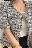 Yipinpay Button O Neck Tweed Short Sleeve Cardigan White Coat Summer Plaid Shirt Women Korean Style Cropped Jacket Tops Slim