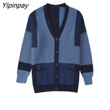 Yipinpay Women Patchwork Knitted Sweater 2023 Simple Autumn Winter Warm Female Single Breasted Cardigan V-neck Long Sleeve Tops