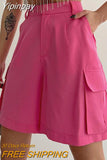 Yipinpay High Waisted Cargo Shorts Women Double Pocket Pleated 2023 Summer Casual Shorts Solid Straight Lady Pink Wide Shorts