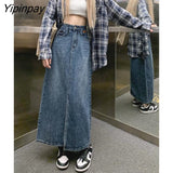 Yipinpay Blue High Waist Jean Skirts For Ladies A Line Long Skirts For Women