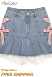 Yipinpay Kawaii Denim Mini Skirt Women Sexy Gyaru Pink Bow Bandage Lace Patchwork High Waist Pleated Jean Skirt Y2k Shorts Summer