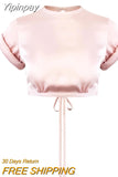 Yipinpay Mo Sexy Hollow Out Satin Tank Tops Women Backless Bandage Summer Cropped Top 2023 Pink O-Neck Casual Streetwear Vest Tee