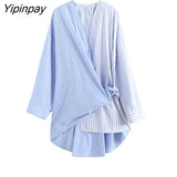 Yipinpay Women Asymmetrical Striped Blouses Shirt Spring Causal V-Neck Long Sleeved Patchwork Tops With Lace Fashion T-Shirts
