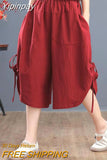 Yipinpay Summer Cotton Linen Oversized Loose Women's Pants Bloomers Wide-leg Pants Flares Elastic Waist Ladies Cropped Skirt Pants