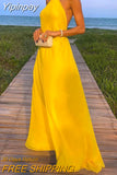 Yipinpay Women Elegant Chain Halter Backless Dresses 2023 Summer Fashion Chic Yellow A-Line Vestidos Evening Party Ladies Maxi Dresses