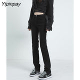 Yipinpay High Waist Stretch Split Straight Skinny Jeans Woman Casual Korean Denim Pants