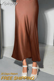 Yipinpay High Waist A-Line Skrit Women Brown Satin Skirts Ladies Streetwear Long Skirts Ankle-Length Solid Black Skirt Summer