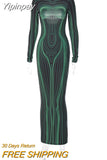 Yipinpay Line Printing Bodycon Long Dress Women Spring Long Sleeve Backless Sexy Party Dresses 2023 Nigh Club Vestidos For Women