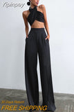 Yipinpay Fashion Classy Women Palazzo Pants High Waist Floor-Length Satin Trousers Spring Summer 2023 High Street Baggy Pants