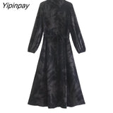 Yipinpay Women Fashion Print Long Dresses With Belt 2023 Female Elegant Turn Down Collar Clothing Long Sleeve Soft Vestidos