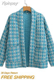 Yipinpay TRAF Ethnic Style Print Quilted Coats for Women 2023 Autumn Winter Vintage Jackets Coat Female Long Sleeve Warm Outerwear
