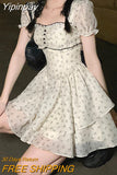 Yipinpay Summer French Vintage Floral Mini Dress Woman Beach Elegant One Piece Dress Korean Fashion Bow Sweet Short Party Dress Chic