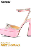 Yipinpay Satin Rhinestones Platform Wedges Women Pumps Elegant Slingbacks Cross-tied Dress High heels Spring Summer Chunky Shoes