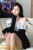 Yipinpay Slash Neck Off The Shoulder Ruffle Wrap Hip Long Sleeve Mini Black Dress Women Bodycon Slim Vestidos Mujer Gauze 2023 Fall