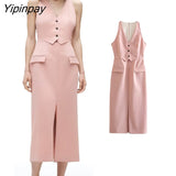 Yipinpay Elegant Women Solid Mid-Calf Dress 2023 Fashion Office Lady V-neck Party Vestidos Sleeveless Back Zipper Dresses Outwear
