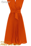 Yipinpay European and American Summer Sleeveless V-neck Lace-up Fashion Slim Temperament Pleated Dress