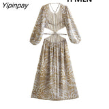 Yipinpay New Women Hollow Out Dress 2023 Spring Summer Sexy Long Sleeve Dresses Beach Party Mid-Calf Fashion Backless Clothes