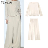 Yipinpay Spring Women Solid Soft Loose Pants Sets 2023 Casual O-Neck Oversized Short Shirt Tops Elastic Waist Wide Leg Pants