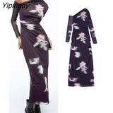 Yipinpay 2023 Women Tulle Printed Asymmetrical Dresses Elegant Party Folds Sexy Party Vestidos Fashion Long Sleeve Mid-Calf Dresses