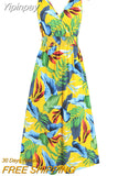 Yipinpay European and American New Large Size Fashion Sleeveless Bow Sling Printed Big Swing Beach Skirt Dress Women