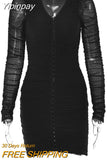 Yipinpay V-Neck Long Sleeve Autumn Dress For Women Fashion Mesh Single Breasted Sexy Mini Dresses Femme Streetwear Party Vestidos