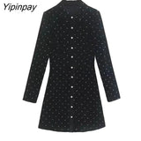 Yipinpay 2023 Autumn Women Velvet Mini Dresses Elegant Turn Down Collar Single Breasted Dresses Vintage Simple Long Sleeve Vestidos