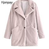 Yipinpay 2023 Women Faux Fur Thicken Coat Autumn Winter Vintage Warm Long Sleeve Pockets Female Single Breasted Outerwear Chic Tops