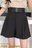 yipinpay Casual Suit Shorts Women With Double Belt Loose Wide Leg Short Pants Female OL Pockets Street High Waist Shorts Ladies