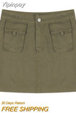 Yipinpay Vintage Y2k Green Cargo Skirt Women Retro Streetwear 90s Pocket Patchwork High Waist A-line Denim Mini Skirt Korean