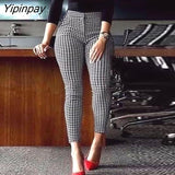 Yipinpay Women High Waist Houndstooth Print Skinny Feet Pants  Casual Pants Fashion Pants 0406