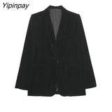 Yipinpay Women Velvet Blazer Suit Sets 2023 Spring Autumn 2Pcs Office Outfits Solid Jacket+Zipper Trousers Basic Long Pant Outwear