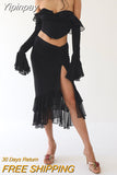 Yipinpay Womens Summer Skirt 2Pcs Suit Solid Color Long Sleeved Ruffled V-Neck Cropped Tops + Low Waist Fish Tail Slit Long Skirt