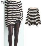 Yipinpay Soft Women Striped Knitted Sweater 2023 Spring Autumn Harajuku Fashion Cropped Hollow Out Tops O-neck Long Sleeve Sweater