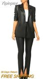 Yipinpay New PU Leather High-end Solid Suit Set Women Of Quality Office Lady 3/4 Sleeve Long Pants Slim Women 2 Piece Set
