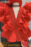 Yipinpay Red V Neck Blouse Layered Ruffled Sleeveless Chiffon Shirt Waist Design Crop Top Femme Shirts for Women Blusas White Flying