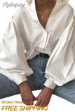 Yipinpay Women Solid Color Blouses, Lapel Neck Lantern Sleeve Buttons Shirts, Spring Fall Tops Daily Wear