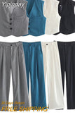 Yipinpay TRAF Pant Sets 2023 Summer Two Piece Set for Women Chic and Elegant Trouser Sets Pants + Women's Vest New in Matching