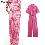 Yipinpay 2023 Women Dot Printed Jumpsuits With Belt Pink Vintage Short Sleeve Turn Down Collar Female Long Pant Playsuits Mujer