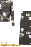Yipinpay Printed Tulle Skirt Woman High Waist Mesh Skirt Sets Elegant Long Skirts For Women Fashion 2023 Autumn Winter Skirts
